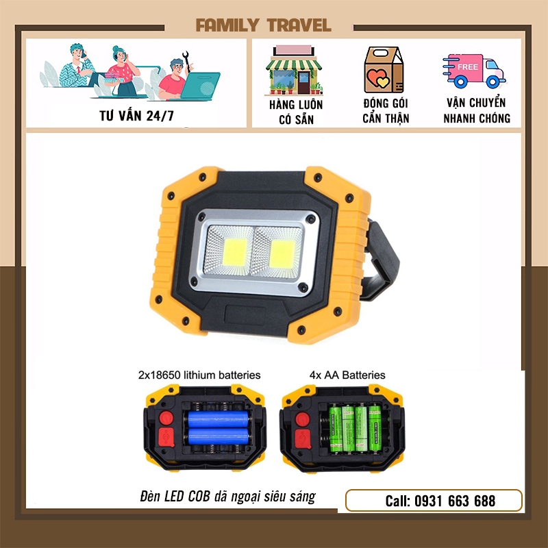 Đèn LED COB dã ngoại siêu sáng có móc treo - Đèn LED cắm trại đa năng nhỏ gọn kèm sạc USB tiện dụng - Family Travel