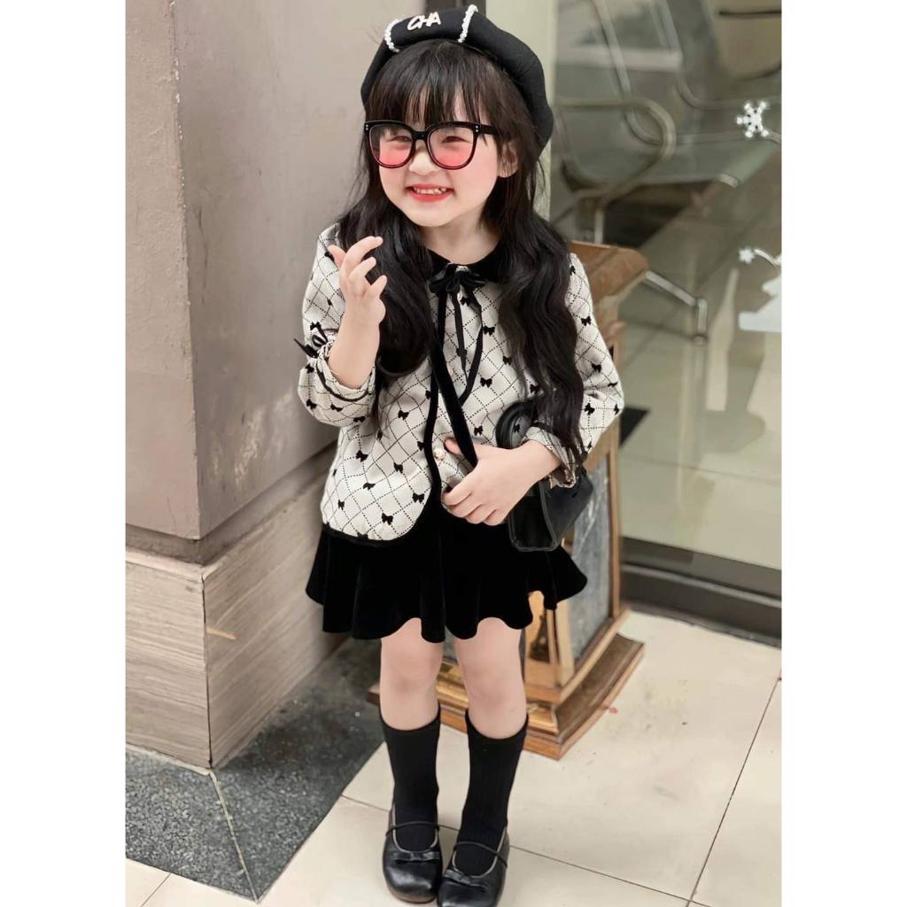 Set Chân Váy Nhung, Áo Khoác Dạ Có Nơ Kèm Mềm Mịn Sành Điệu Cho Bé (Từ 8-35kg), Quần Áo Trẻ Em, Quần Áo Bé Gái