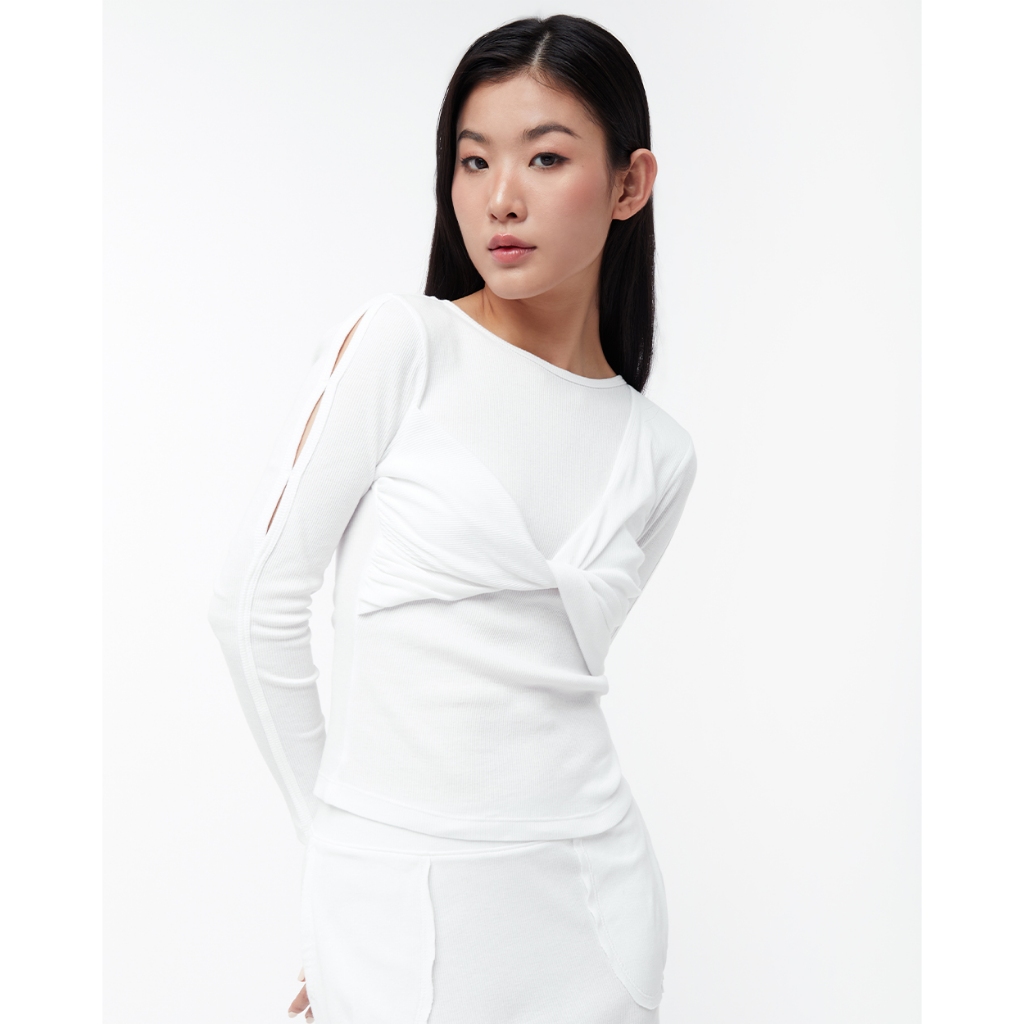 TheBlueTshirt - Áo kiểu nữ Long Sleeve Double Twist Top - Signature White Rib