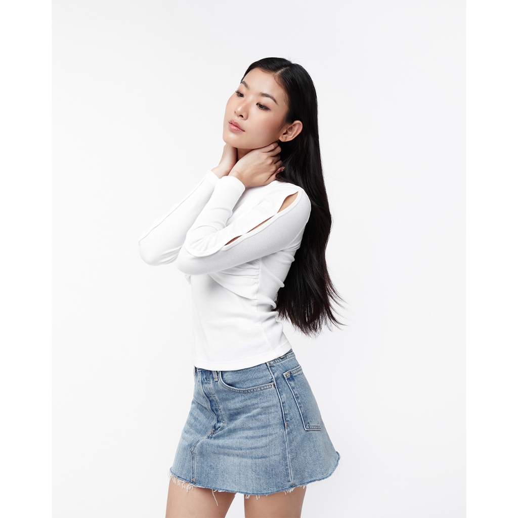 TheBlueTshirt - Áo kiểu nữ Long Sleeve Double Twist Top - Signature White Rib