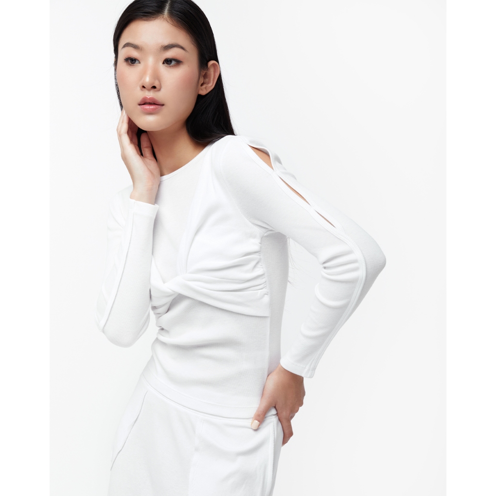 TheBlueTshirt - Áo kiểu nữ Long Sleeve Double Twist Top - Signature White Rib