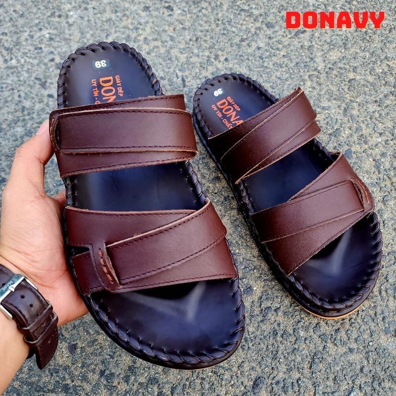 Dép quai ngang nam da bò cao cấp, 02 lớp da mềm mại, kiểu 02 quai kép, may Handmade quai và đế rất chắc d.dela