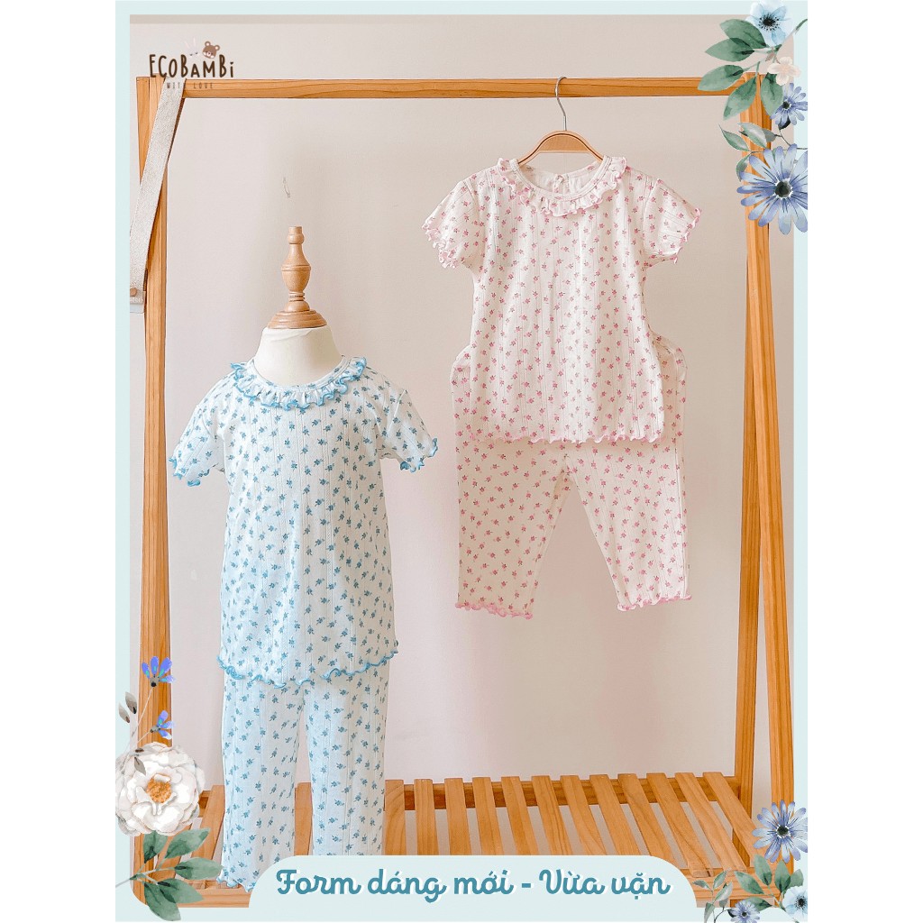 Bộ cotton thun Hàn bé gái tay ngắn, QUẦN LỬNG kiểu dệt jacquard hoa nhí Ecobambi