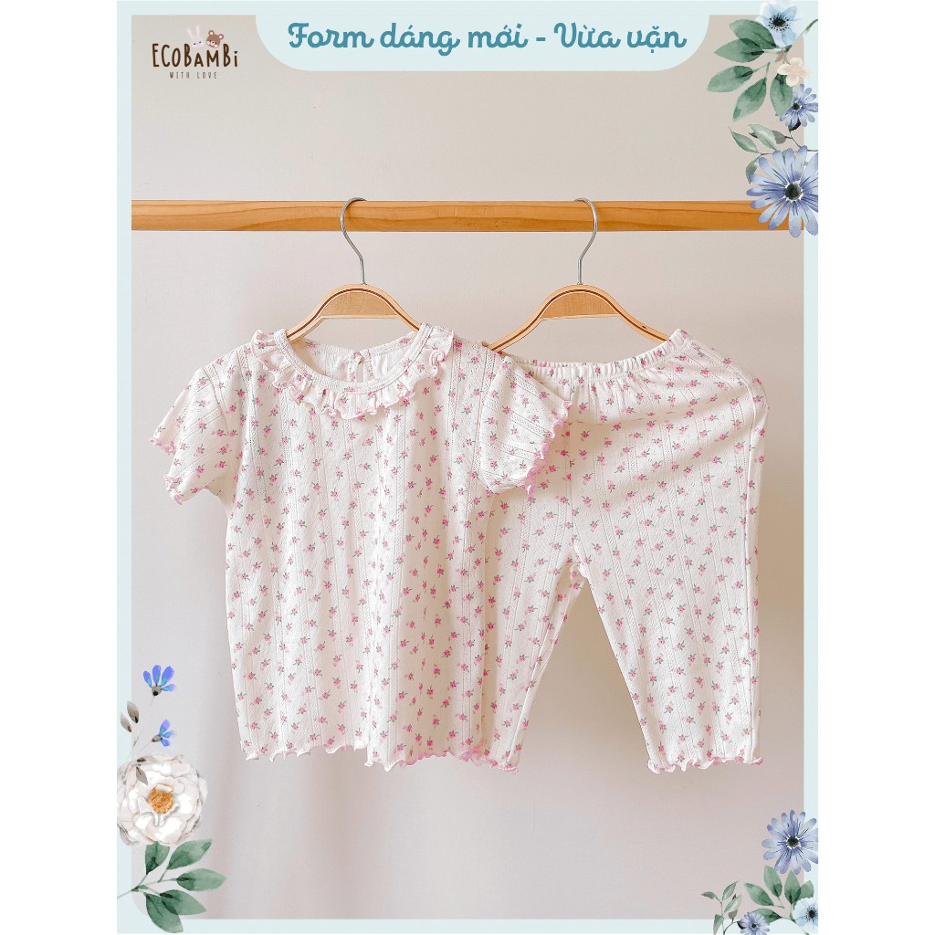 Bộ cotton thun Hàn bé gái tay ngắn, QUẦN LỬNG kiểu dệt jacquard hoa nhí Ecobambi