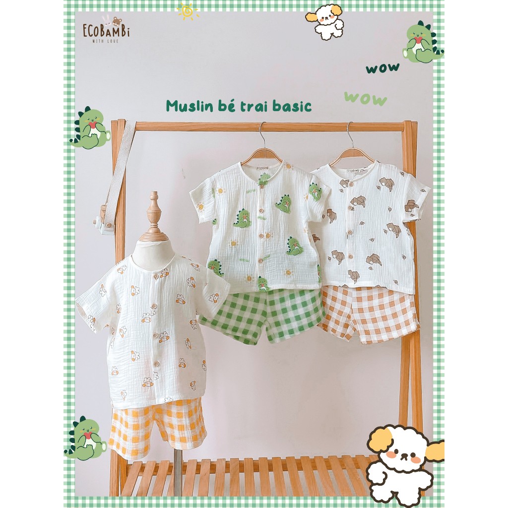 Bộ cotton Muslin Unisex tay ngắn, QUẦN SHORTS phong cách Hàn Quốc cho bé ECOBAMBI