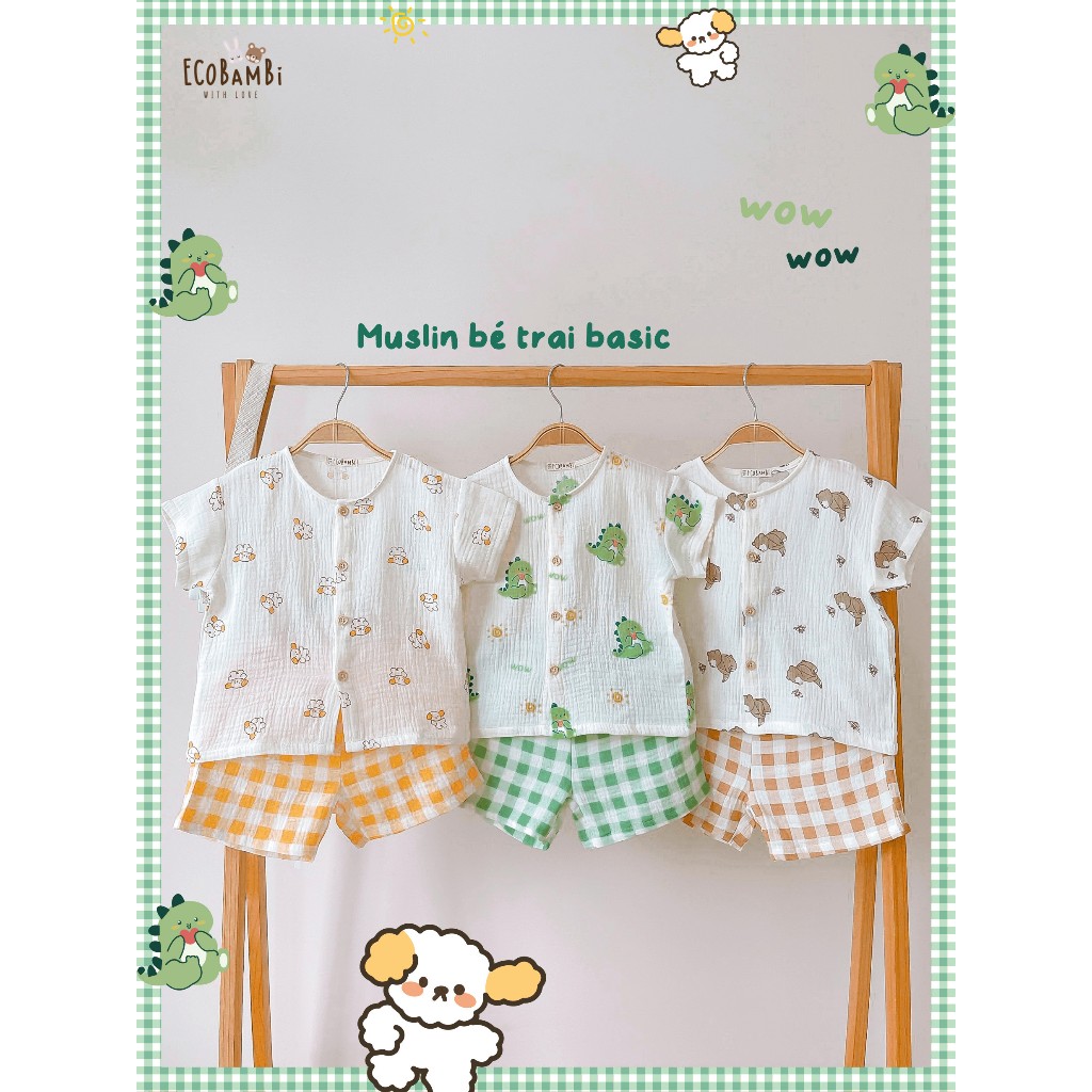 Bộ cotton Muslin Unisex tay ngắn, QUẦN SHORTS phong cách Hàn Quốc cho bé ECOBAMBI