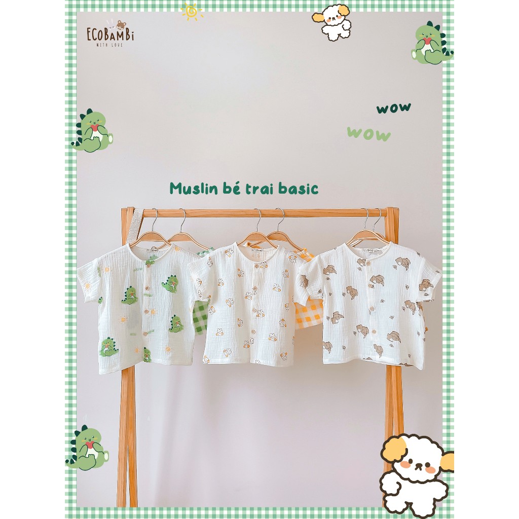 Bộ cotton Muslin Unisex tay ngắn, QUẦN SHORTS phong cách Hàn Quốc cho bé ECOBAMBI