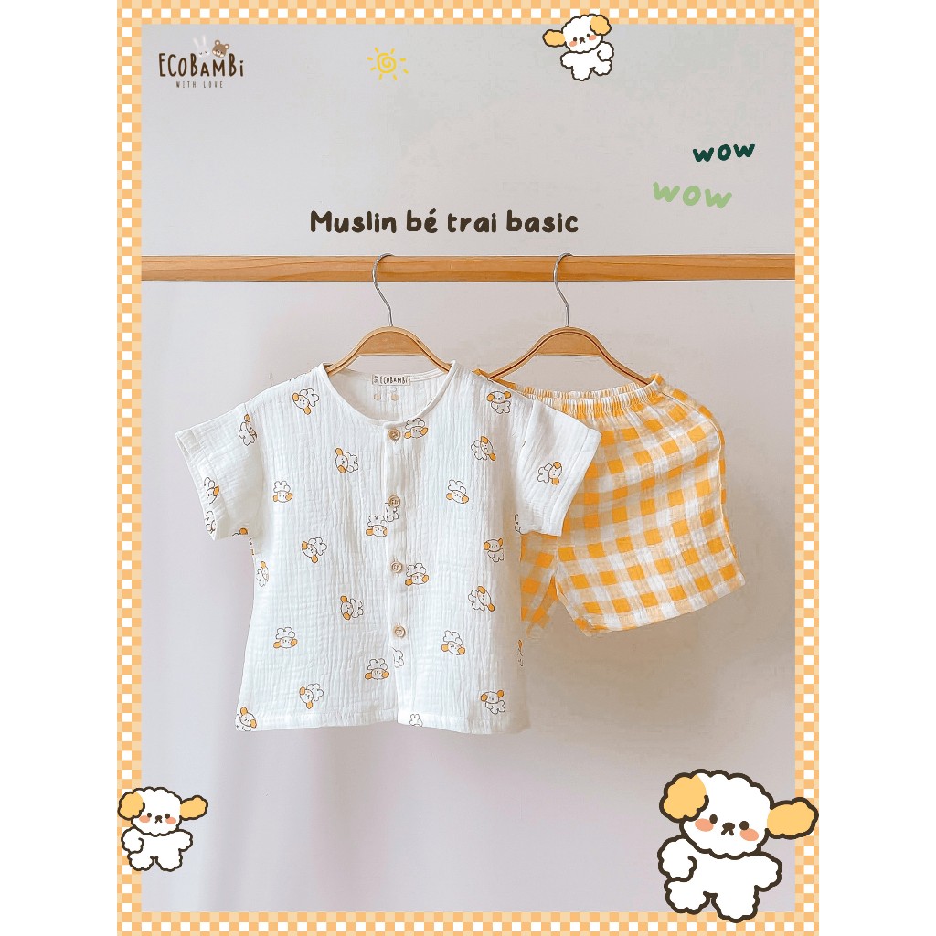 Bộ cotton Muslin Unisex tay ngắn, QUẦN SHORTS phong cách Hàn Quốc cho bé ECOBAMBI