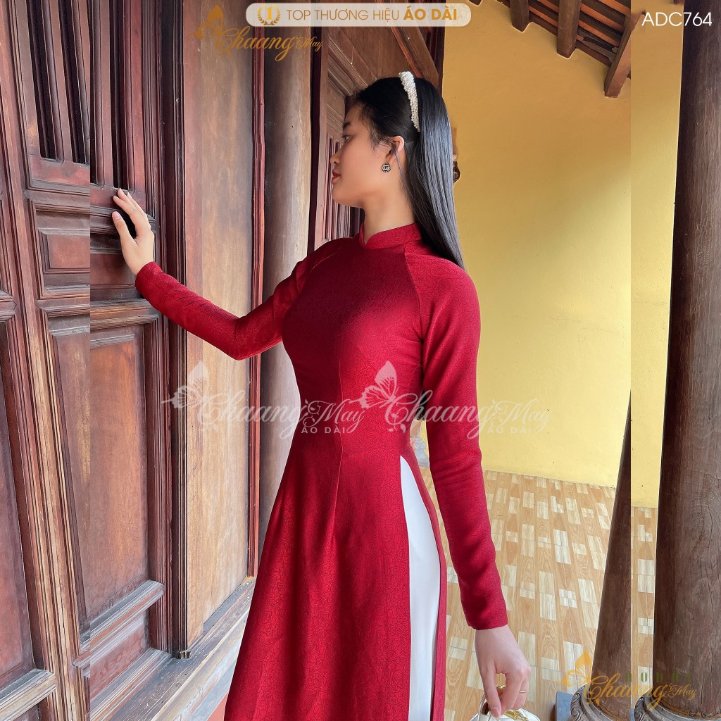 Áo dài gấm hoa gió đỏ đô truyền thống Chaang may sẵn áo dài cưới cô dâu cao cấp dự tiệc sự kiện lễ tết đẹp ADC764