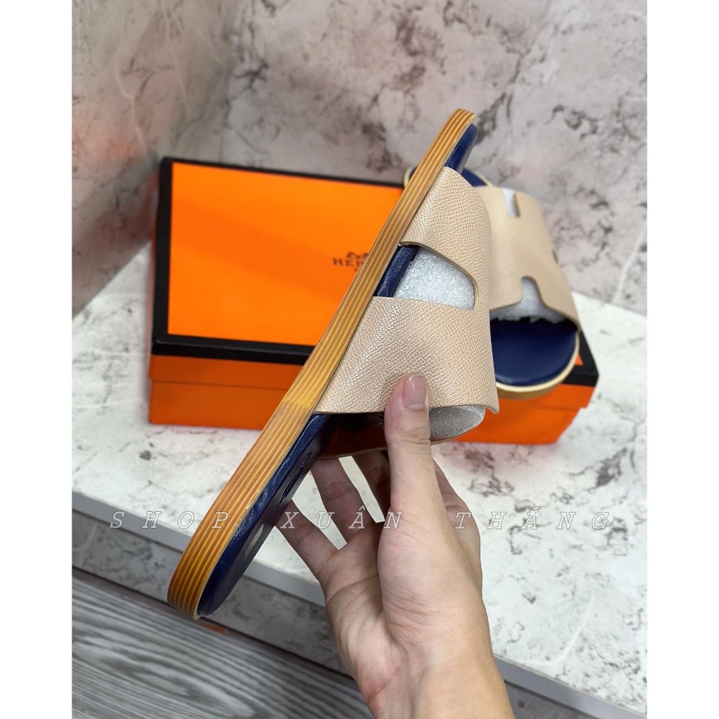 Dép lê HM nam quai Da bò sịn - Đế phíp nẹp vân gỗ Fullbox Siêu CẤP