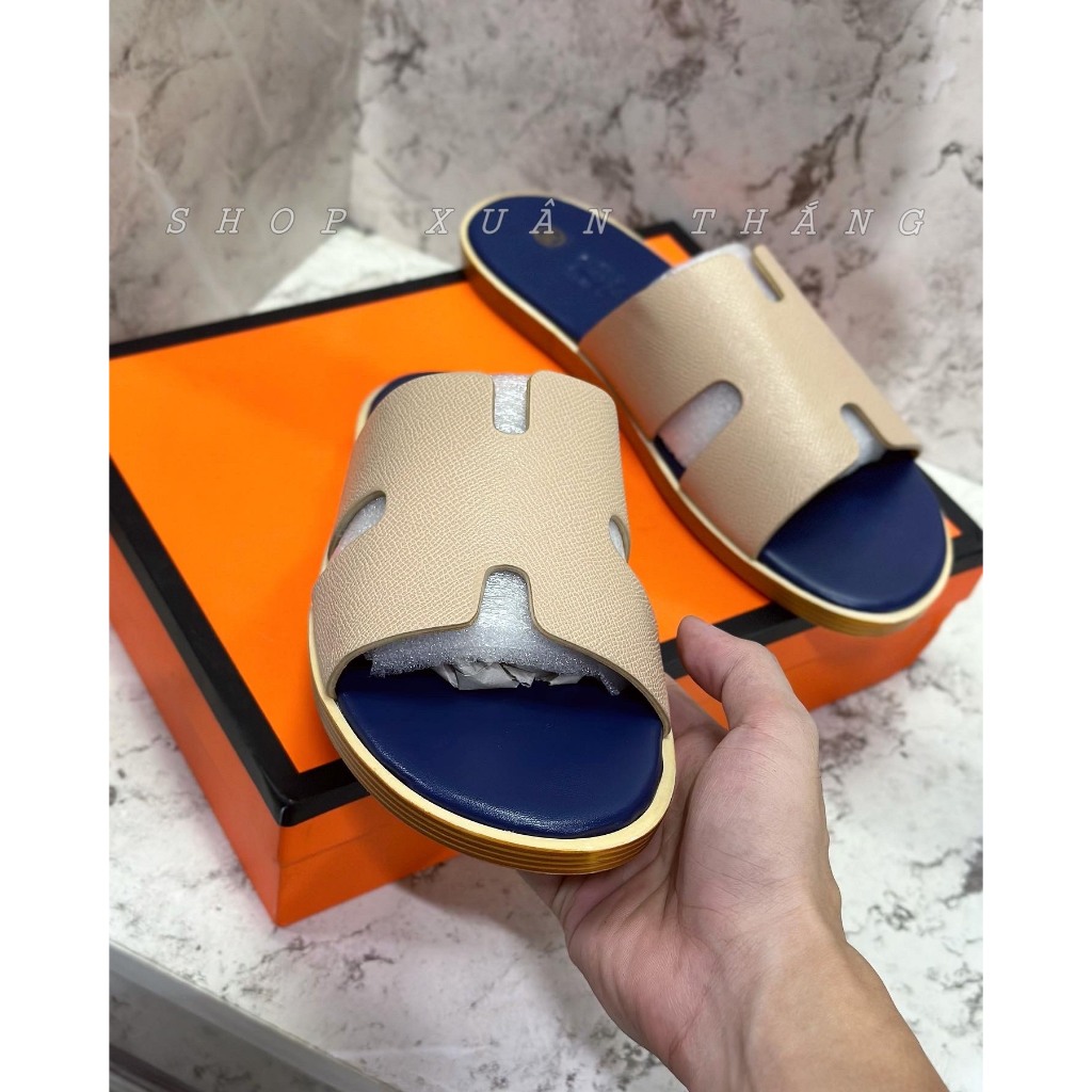 Dép lê HM nam quai Da bò sịn - Đế phíp nẹp vân gỗ Fullbox Siêu CẤP