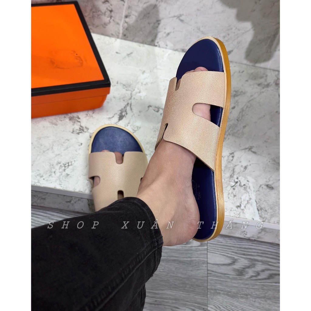 Dép lê HM nam quai Da bò sịn - Đế phíp nẹp vân gỗ Fullbox Siêu CẤP