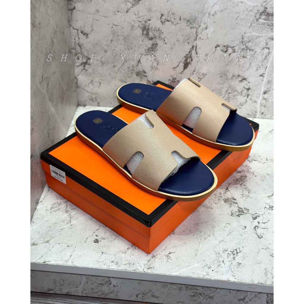 Dép lê HM nam quai Da bò sịn - Đế phíp nẹp vân gỗ Fullbox Siêu CẤP
