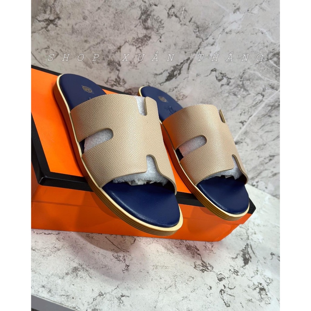 Dép lê HM nam quai Da bò sịn - Đế phíp nẹp vân gỗ Fullbox Siêu CẤP