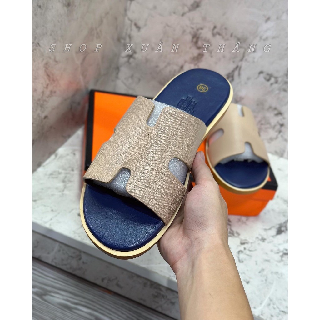 Dép lê HM nam quai Da bò sịn - Đế phíp nẹp vân gỗ Fullbox Siêu CẤP