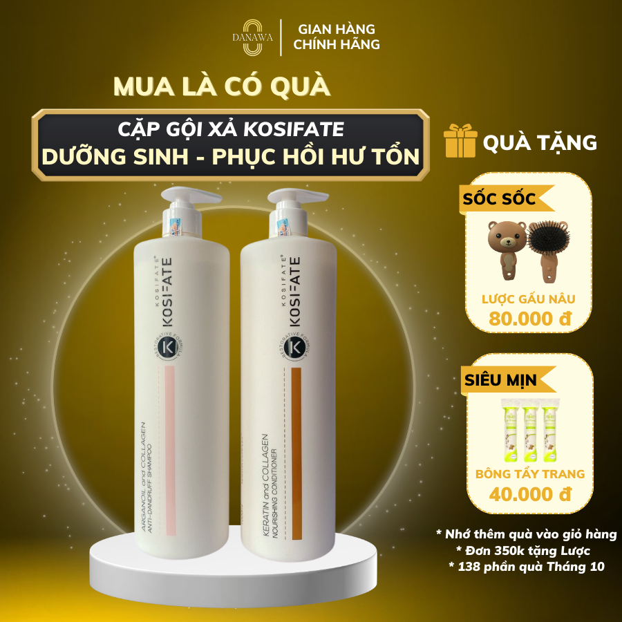 Cặp Dầu Gội Xả Dưỡng Sinh Kosifate Keratin Collagen Giúp Mọc Tóc, Giảm Gãy Rụng1000ml