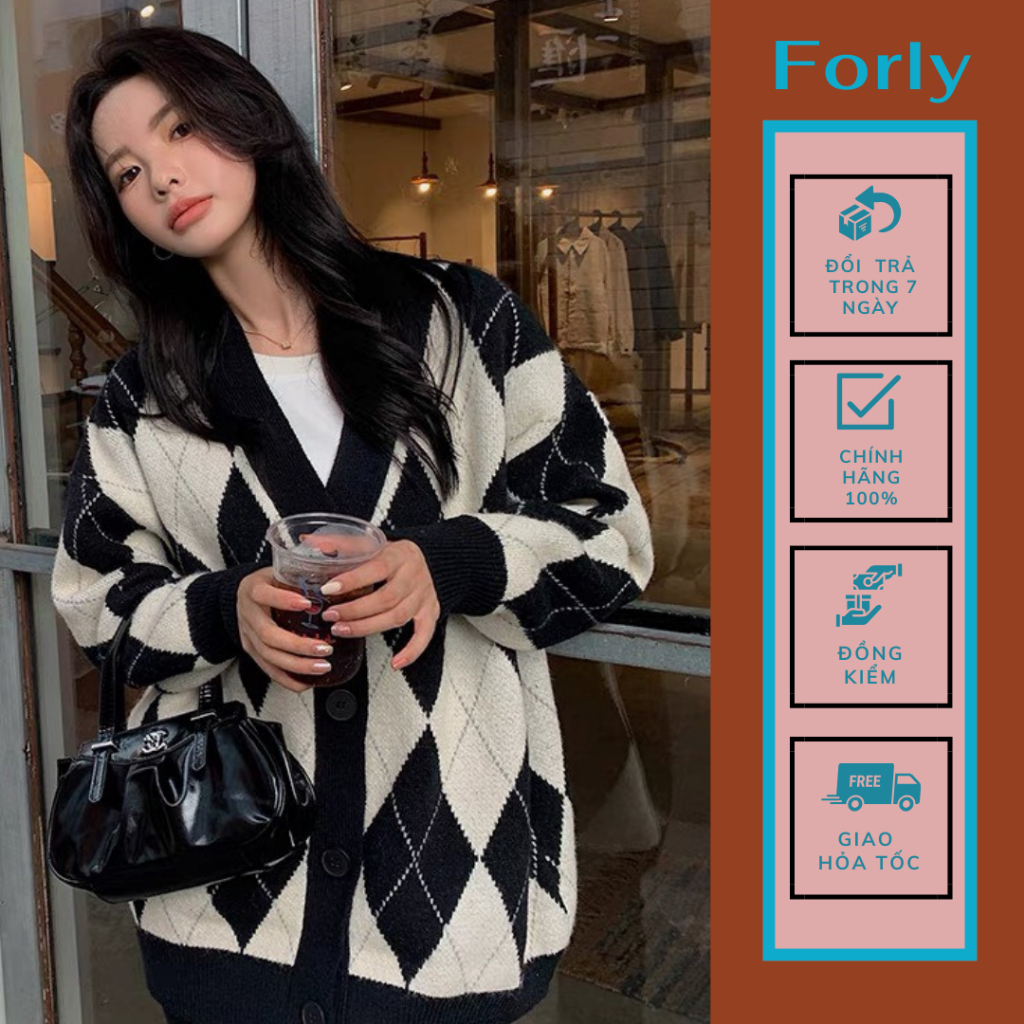 Áo khoác cardigan Forgirlstudio dáng rộng họa tiết kẻ trám đen hồng phong cách Hàn Quốc FG017