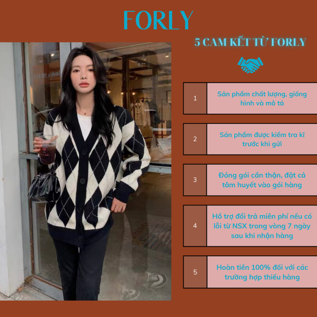 Áo khoác cardigan Forgirlstudio dáng rộng họa tiết kẻ trám đen hồng phong cách Hàn Quốc FG017
