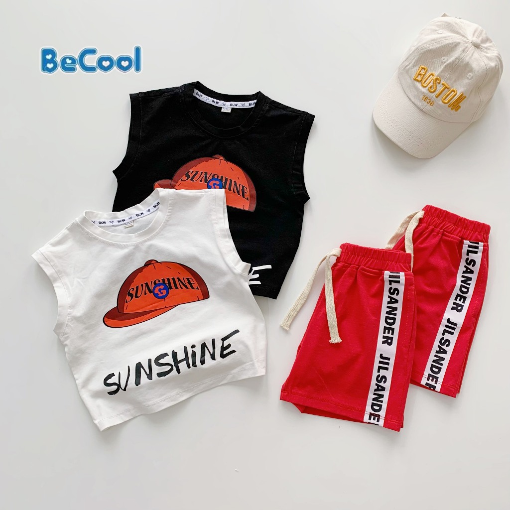 Set Ba Lỗ Sát Nách Cho Bé In Chữ SUNSHINE Chất Cotton Mịn Cao Cấp, Đồ Bộ Bé Trai Từ 10-27kg