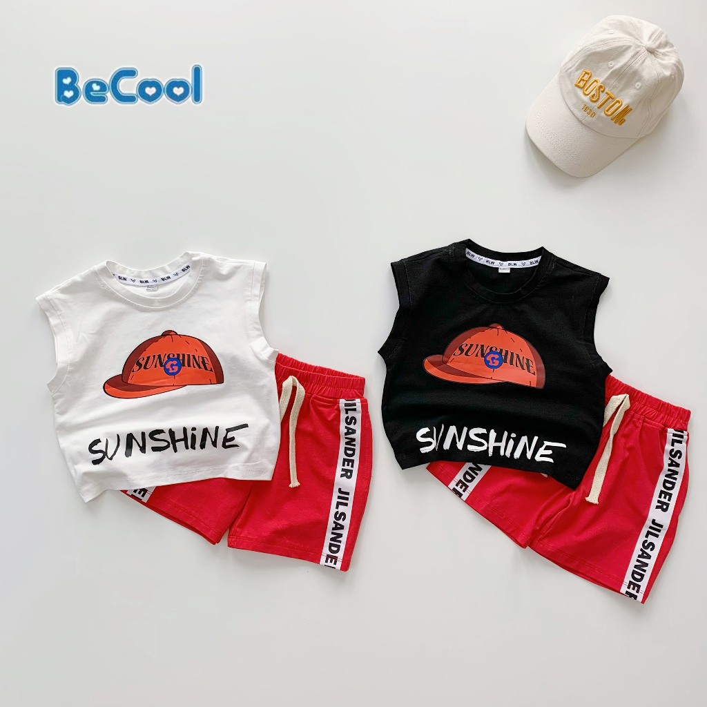 Set Ba Lỗ Sát Nách Cho Bé In Chữ SUNSHINE Chất Cotton Mịn Cao Cấp, Đồ Bộ Bé Trai Từ 10-27kg