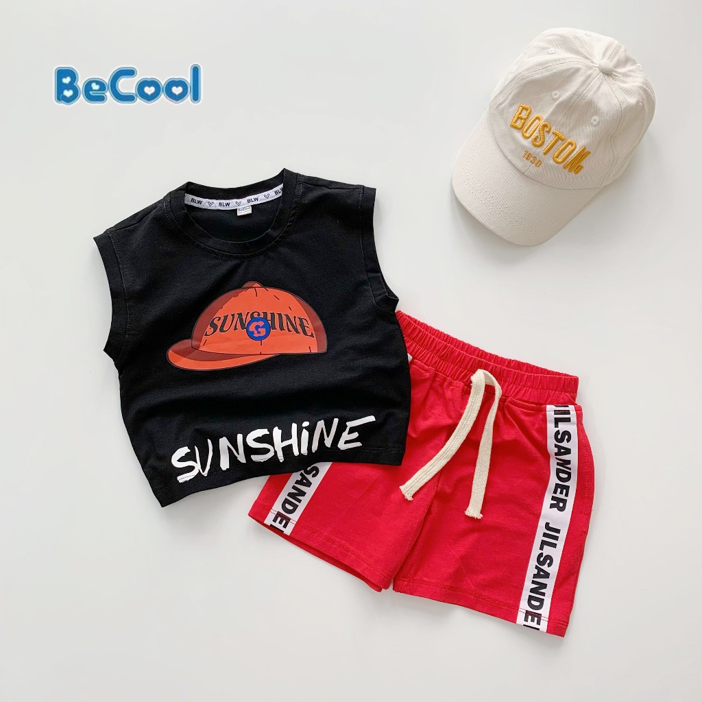 Set Ba Lỗ Sát Nách Cho Bé In Chữ SUNSHINE Chất Cotton Mịn Cao Cấp, Đồ Bộ Bé Trai Từ 10-27kg