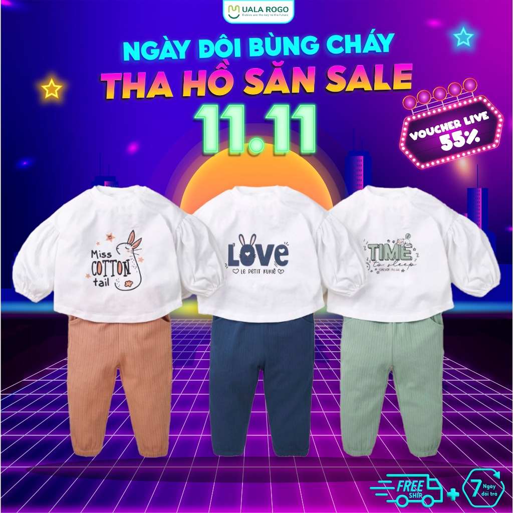 Bộ dài tay cho bé Ualarogo 1 - 5 tuổi cài vai vải Cotton nỉ mềm mại ấm áp thoáng khí 3660