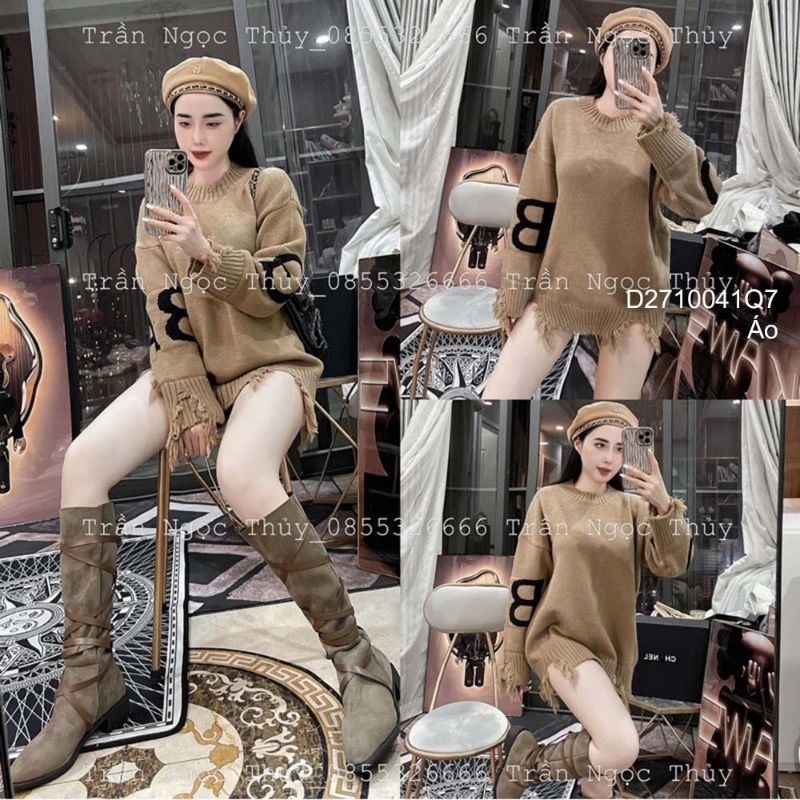 Áo len mỏng rách kiểu tay dài cổ rộng phong cách 1109