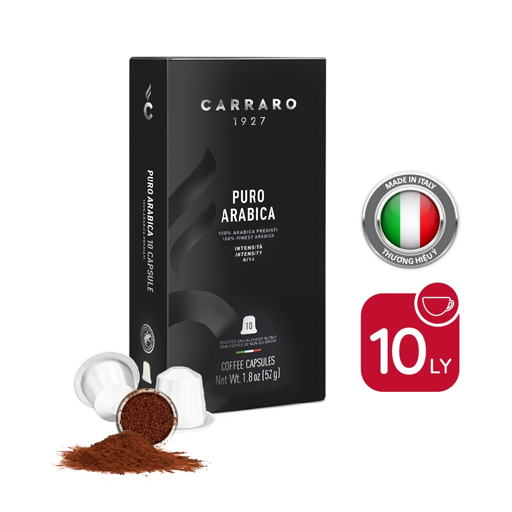 Cà phê viên nén Carraro Puro Arabica - Nhập khẩu từ Ý - Tương thích với máy capsule Nespresso