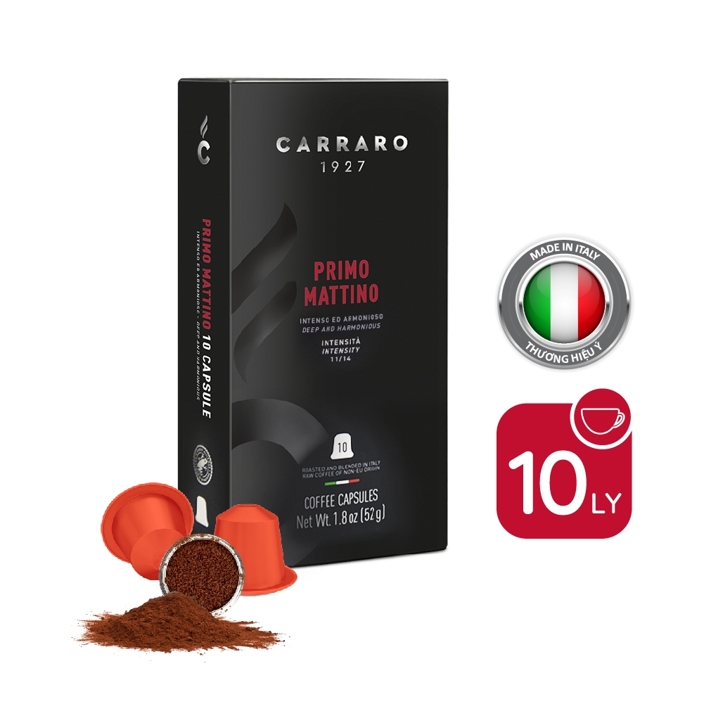 Cà phê viên nén Carraro Primo Mattino - Nhập khẩu từ Ý - Tương thích với máy capsule Nespresso