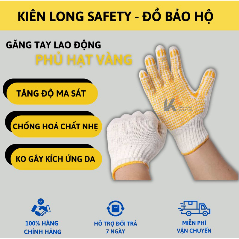 Găng tay vải trắng phủ hạt vàng, găng tay bảo hộ chất liệu vải sợi, tăng độ bám, chống trơn trượt