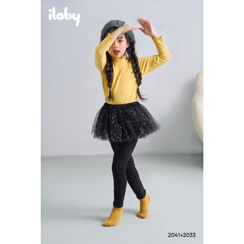 Quần legging bé gái ILABY phối tutu đính sao chất liệu thun gân co dãn 4 chiều 3 màu cho bé 10-35kg [40IGK3DL2033]