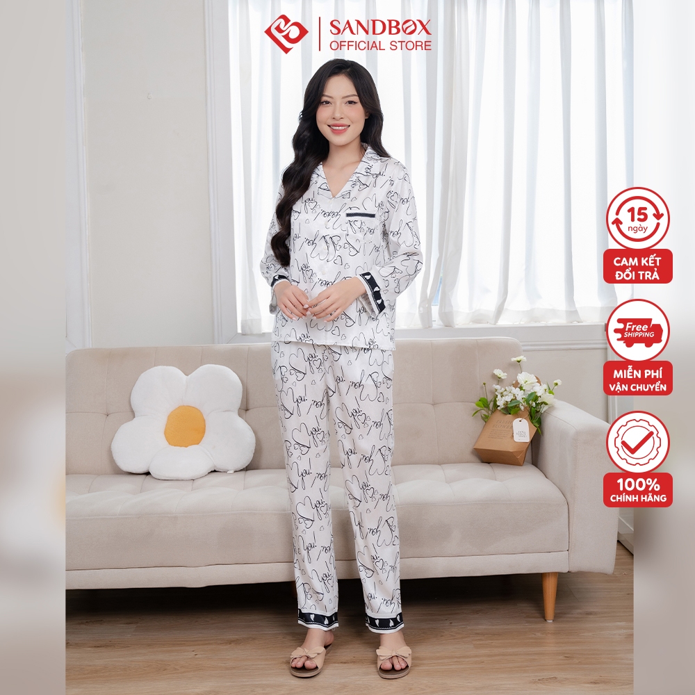 Bộ Pijama SANDBOX Đồ bộ chất lụa vân xương cá dài tay hoạt tiết tim chữ, phối viền nổi bật, sang trọng BPD23004