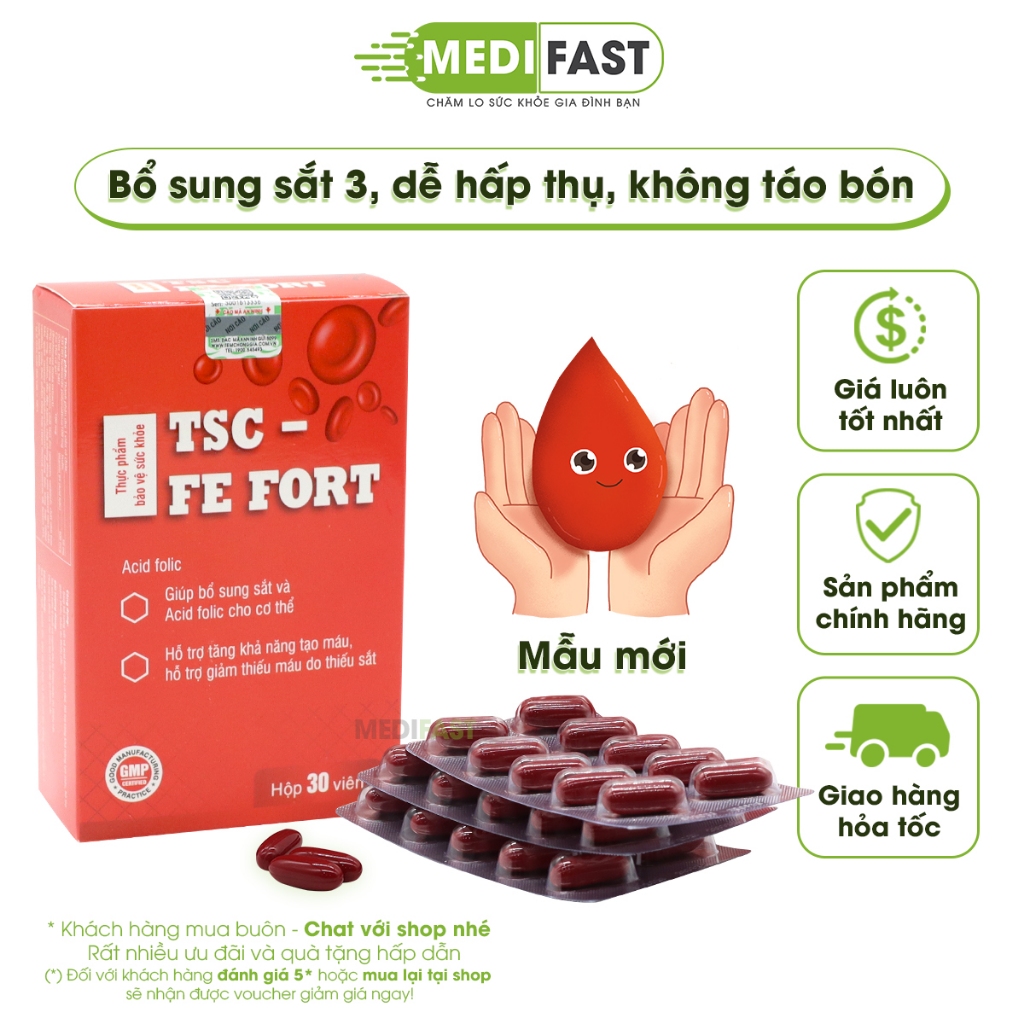 Bổ sung Sắt, ngăn ngừa thiếu máu, viên uống TSC Fe Fort - có thêm cao củ gai và nhóm vitamin B, Acid folic