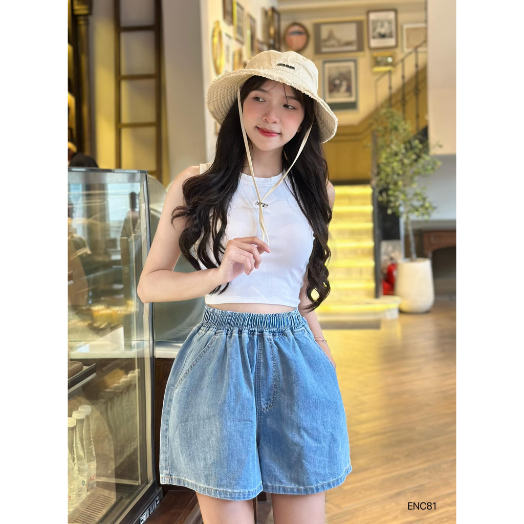 Quần short jean lưng chun FREESIZE fomr rộng CHIBEST ENC81