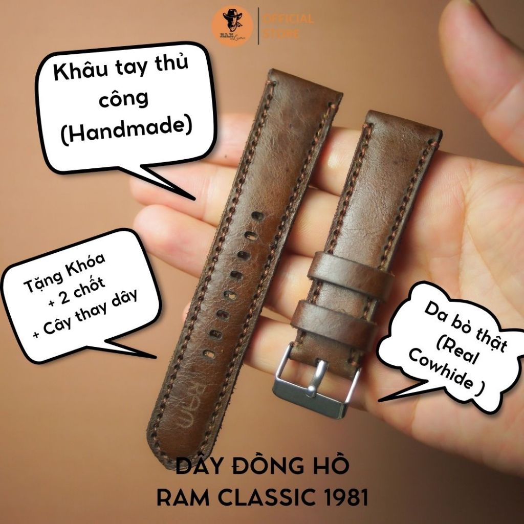 Dây đồng hồ da bò màu nâu đỏ - RAM Leather Classic 1981 bản dày Bền Đẹp