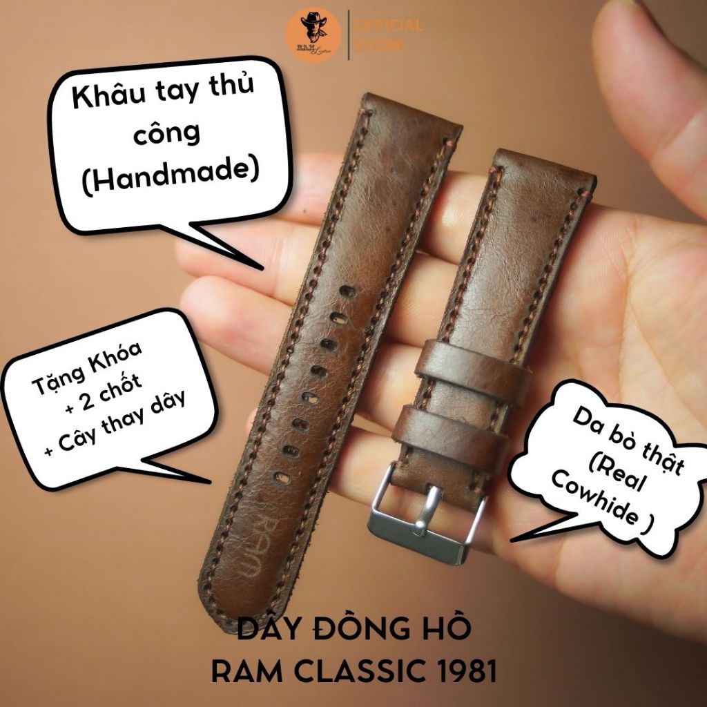 Dây Đồng Hồ Da Thật RAM Leather 1981 Da Bò Thật Cho Casio AE 1200 WHD và đồng hồ dây 18mm  Bền Đẹp