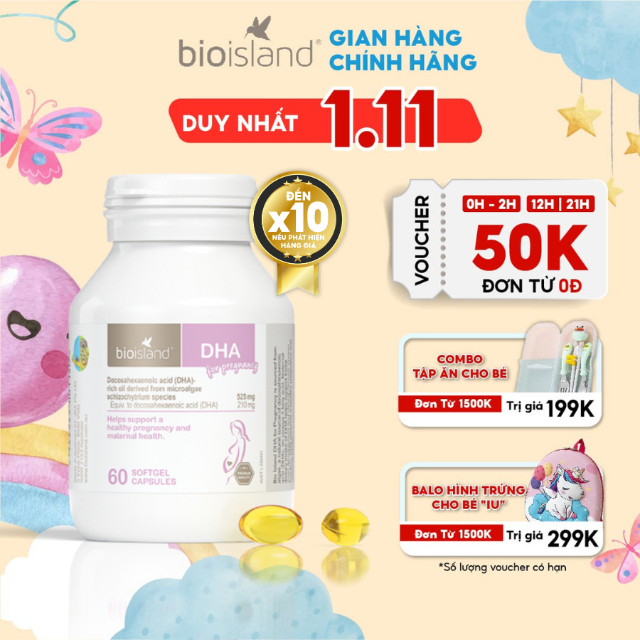 Viên vitamin bầu DHA Bioisland 60 viên phát triển trí não thai nhi, bé thông minh khỏe mạnh, hỗ trợ sáng mắt