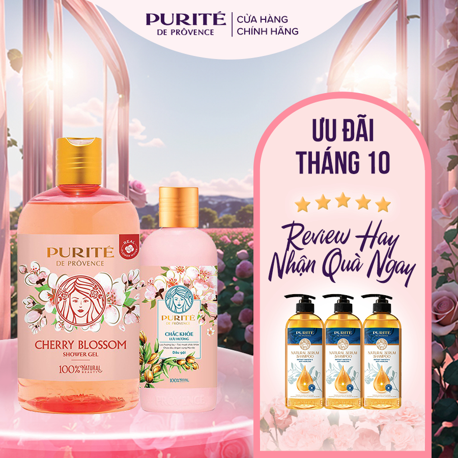 Combo Tắm Gội Purite Hương Hoa Anh Đào (Sữa Tắm 500ml + Dầu Gội Chắc Khỏe Lưu Hương 180ml)
