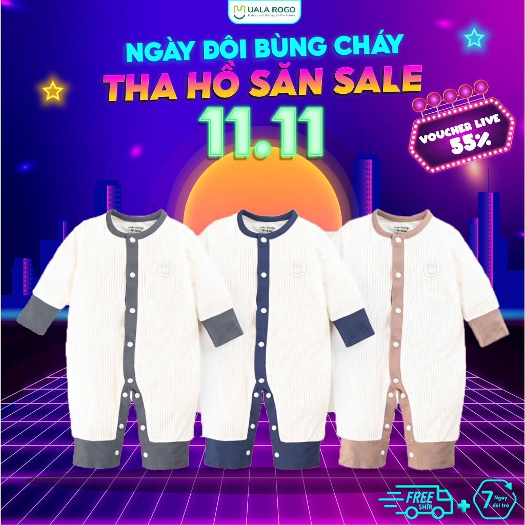 Bộ Bodysuit cho bé sơ sinh Ualarogo 0-12 tháng dài tay cúc giữa vải Modal thấm hút thoáng mát co giãn 3709