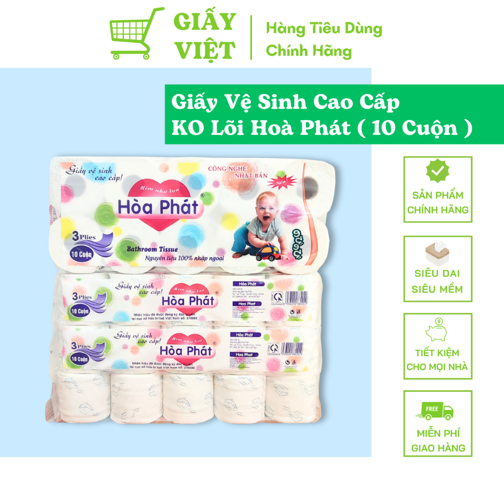 Giấy Vệ Sinh Hoà Phát, Giấy Vệ Sinh Cao Cấp 3 Lớp 10 Cuộn Giấy Siêu Mềm Mịn Siêu Dai Không Bụi Không Bở