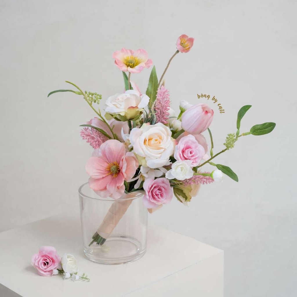 TONE HỒNG - Hoa cưới lụa cầm tay cô dâu - Bó hoa cưới cầm tay cô dâu - Hoa giả cầm tay cô dâu Hoa lụa BÔNG BY CATT