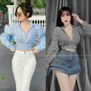 Caro đen-xanh Áo kiểu croptop caro bo chun eo siêu đẹp