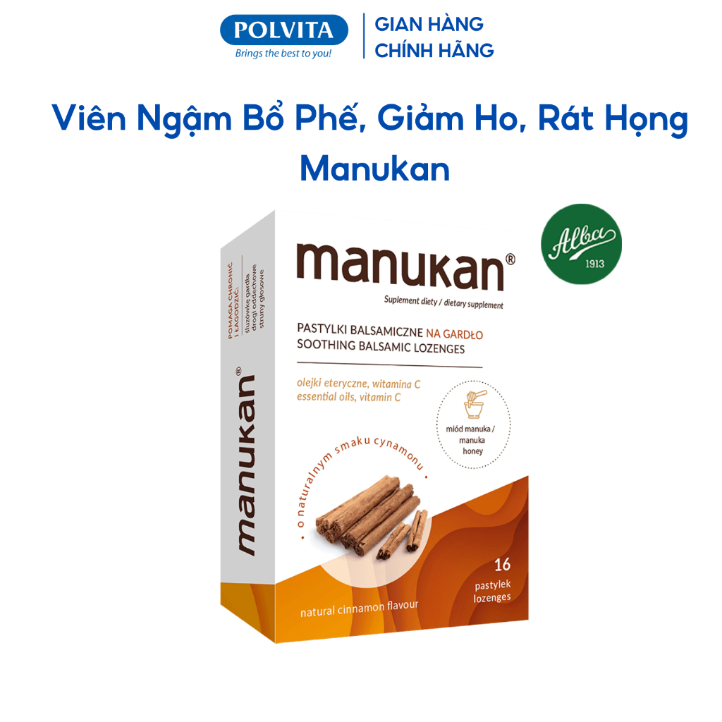 Viên Ngậm Manukan vị quế, giảm ho khan, ho có đờm, viêm họng, hỗ trợ bổ