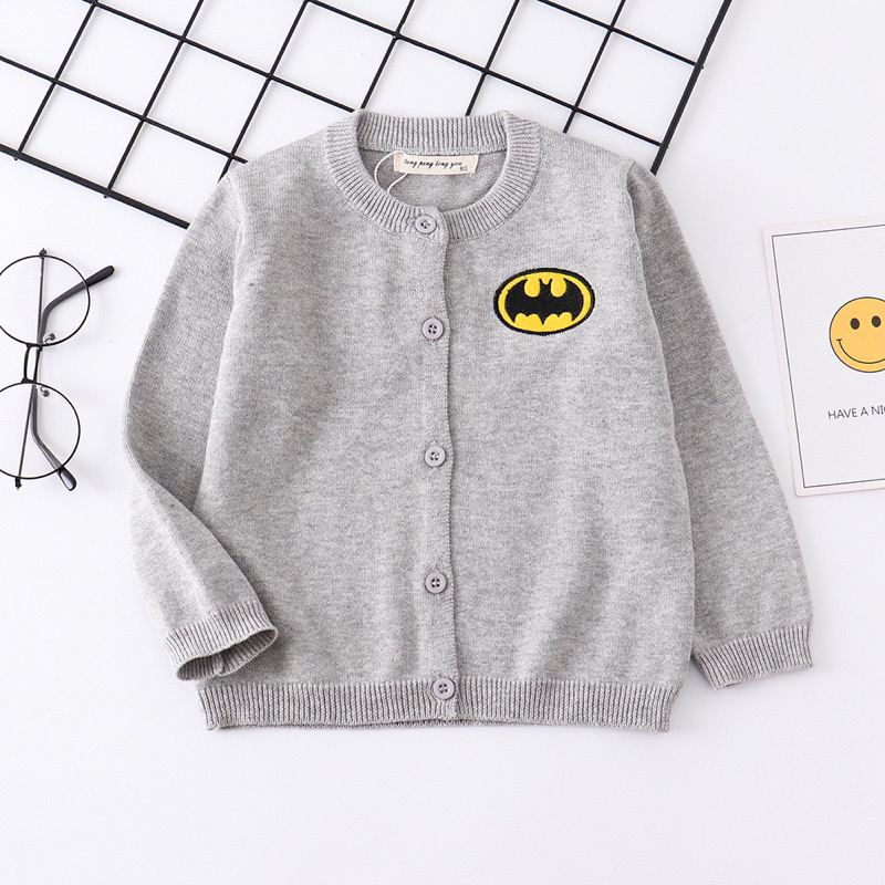 Áo khoác cardigan len cho bé trai BAEKIDS 11kg đến 34kg họa tiết siêu anh hùng