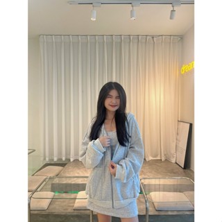 Set váy nỉ ôm body 2 dây cùng áo khoác hoodie zip nỉ dài tay dáng rộng có túi