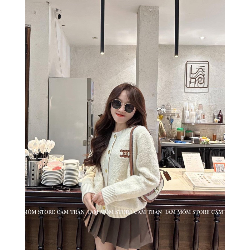 ÁO KHOÁC CADIGAN LEN XÙ CỔ TRÒN TÁC DA