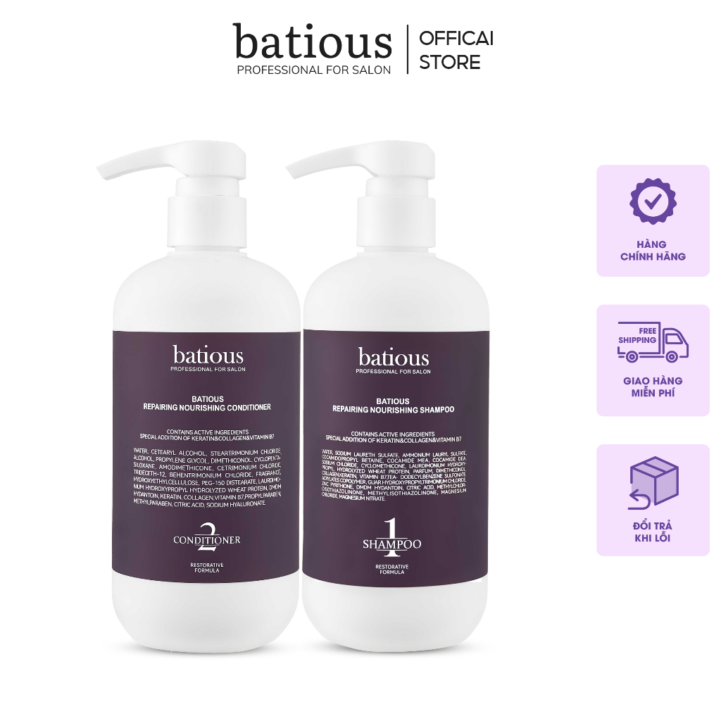 Cặp Dầu gội Dầu xả BATIOUS Reparing Noursing 500ml Phục hồi hư tổn đa tầng, Tái tạo nang tóc, Tái cấu trúc da dầu