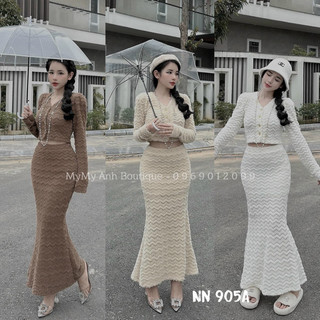 Set len lông thỏ áo croptop chân váy dáng dài