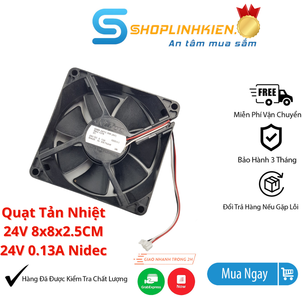 Quạt tản nhiệt 24V 8x8x2.5CM 3 dây 2.0MM dòng 0.13A Nidec chính hãng D08K-24TU - ShopLinhKienHT