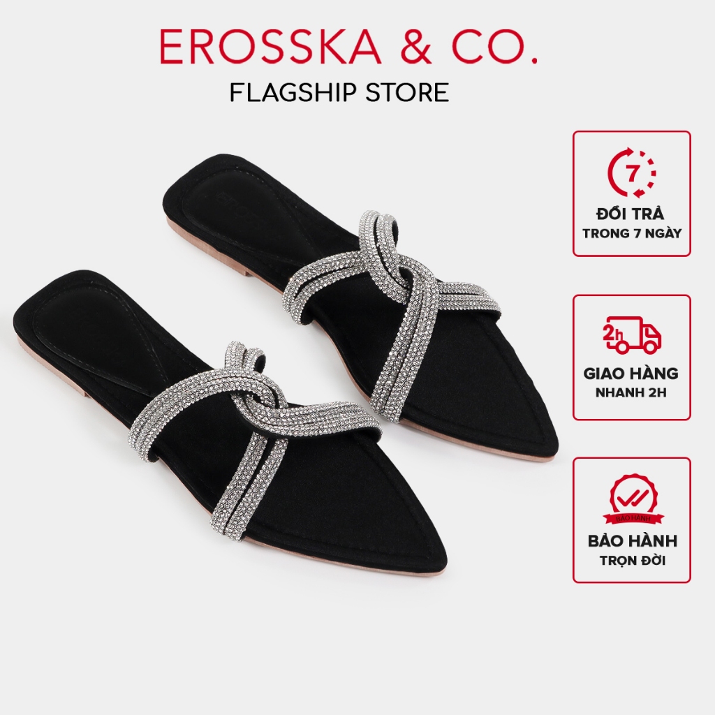 Erosska - Dép nữ thời trang đế bệt phối dây quai chéo đính đá sang trọng màu đen - EN009